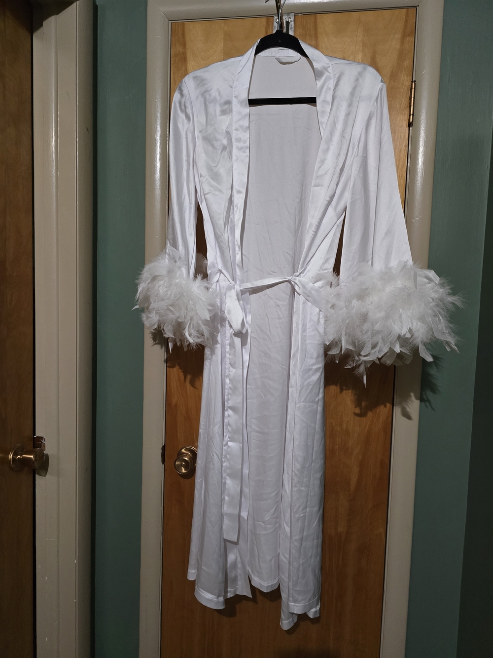 Women's White Feather-Trim Satin Robe with Self-Tie Waist